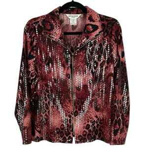 Exclusively Misook Bold Leopard Print Sequin Full Zip Jacket Medium Petite Red